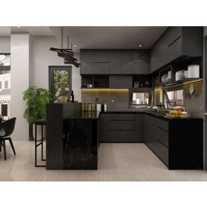 Tủ Bếp Màu Đen Kết Hợp Quầy Bar Sang Trọng Acrylic NV-5070