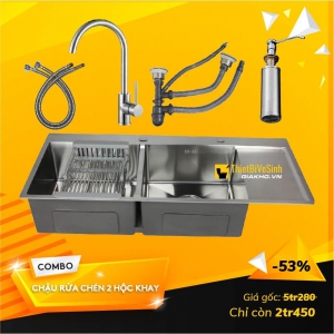 Combo Chậu Rửa Chén Inox304 2 Hộc Đều Có Khay - CB30