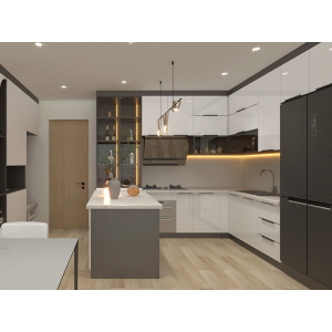 Tủ bếp cánh kính cao cấp có quầy bar NV-5045