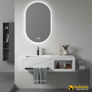 Bộ Bàn Đá Lavabo Âm Bàn Chống Trầy Trắng Vân Mây Kèm Gương Nhập Khẩu NV-1132T