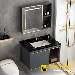 Bộ Tủ Chậu Lavabo Nhôm Mặt Đá Chống Trầy Đen Viền Vàng Liền Gương LED Navier NV-528