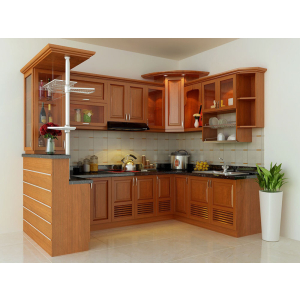 Tủ bếp gỗ căm xe hình chữ U nhỏ có quầy bar NV-5055