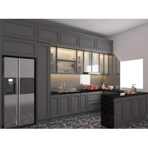 Tủ bếp cánh kính hình chữ U có quầy bar NV-5047