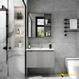 Bộ Tủ Chậu Lavabo Nhôm Kèm Tủ Gương Xám Navier NV-537X60