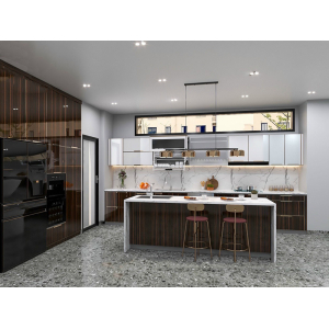 Tủ bếp cánh kính màu nâu gỗ có quầy bar NV-5048