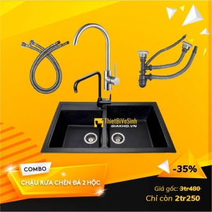 Combo Chậu Rửa Chén Đá Nhân Tạo 2 Hộc Lệch - CB63