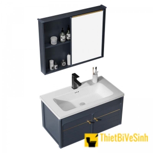 Bộ Tủ Chậu Lavabo Nhôm Xanh Viền Vàng Liền Gương NV-530