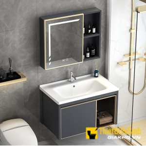 Bộ Tủ Chậu Lavabo Nhôm Đen Viền Vàng Liền Gương LED Navier NV-527