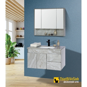 Bộ Tủ Chậu Lavabo PVC Trắng Mặt Đá Xám Chống Trầy Kèm Tủ Gương Cao Cấp Navier NV-532T