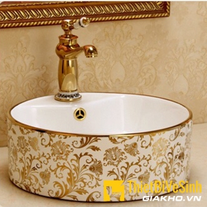 Chậu lavabo tròn đặt bàn hoa văn vàng Navier NV-406