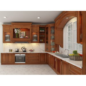 Tủ bếp gỗ xoan đào hình chữ L có tủ rượu NV-5061